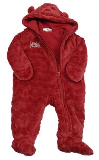 Červená chlpatá podšitá kombinéza s medvedíkom a kapucňou Ergee