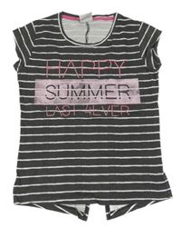 Tmavošedo-biele pruhované tričko s nápisom Yigga