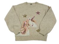 Béžový melírovaný sveter s jednorožcom a flitrami Tu