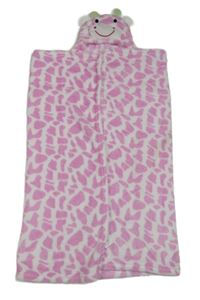 Bielo-ružová vzorovaná chlpatá zavinovací deka s kapucí - žirafa