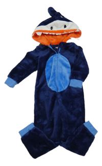 Tmavomodro-modrá chlupatá kombinéza s kapucí - žralok
