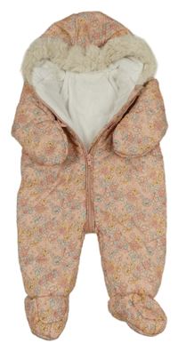 Růžová květovaná šusťáková zimní kombinéza s kapucí George