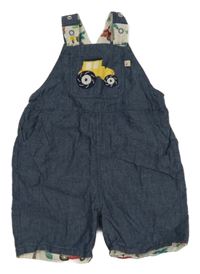 Tmavomodré laclové kraťasy riflového vzhledu s traktorom