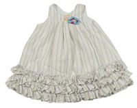 Bielo-farebné prúžkované krepové šaty s volánikmi