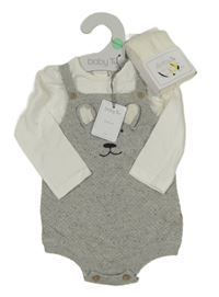 Nové - 3set - Sivé pletené na traké kraťasy + biele body + pančuchy Tu