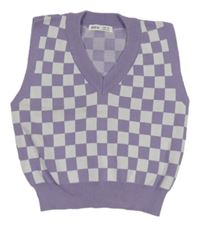 Fialovo-biela kockovaná svetrová crop vesta Shein