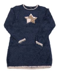 Tmavomodré chlupaté svetrové šaty Blue Seven