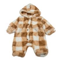 Oranžovo-hnedo-biela kockovaná chlpatá kombinéza s kapucňou