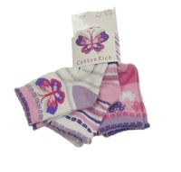 Nové - 3x - Ponožky - Bílo/růžovo/fialové a růžovo/fialové s motýlky, pruhované Cotton Rich vel. 15-18