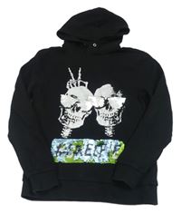 Černá mikina s lebkami a překlápěcími flitry a kapucí H&M