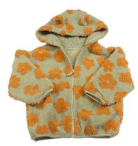 Olivovo-oranžová kvetovaná huňatá podšitá bunda s kapucňou s uškami Next