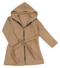 Světlehnědo-smotanový vzorovaný kabát s kapucňou