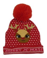Červeno-bílá pletená vánoční čepice se sobem a nápisem a bambulí