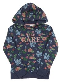 Tmavomodrá melírovaná mikina s kvetmi a nápismi a vreckom a kapucňou alive