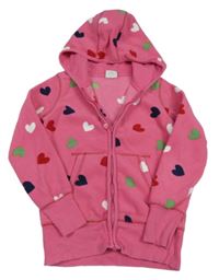 Tmavorůžová fleecová propínací mikina s barevnými srdíčky a kapucí Next