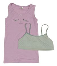 2Set - Lila melírovaná košieľka  s čumáčkem a mašličkou YIGGA + mentolová melírovaná puntíkatá lambáda HEMA