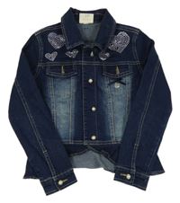 Tmavomodrá riflová bunda se srdíčky z kamínků a límečkem Le Chic