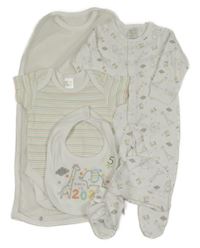 Nové - 5Set - Biely overal so zvířátky + podbradník a čapica a rukavice + pruhované body