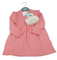 Nové - 2set - Růžové svetrové šaty se vzorem a volánky + smetanové žebrované punčocháče Primark