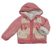 Růžový zateplený propínací svetr s kapsami s králíky a kapucí Nutmeg