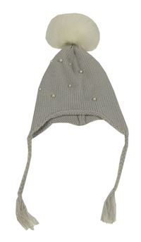 Šedá pletená čepice s perlami a bambulí