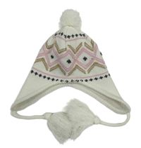 Bílá vzorovaná čepice s bambulí a třásněmi