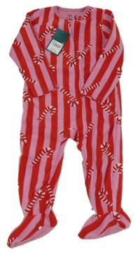 Nové - Růžovo-červený pruhovaný fleecový overal s hůlkami Tu