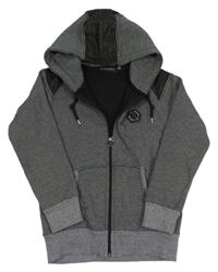 Černo-bílá pruhovaná propínací mikina s koženkou a kapucí Phillip Plein