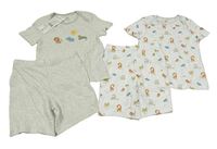 Nové - 4set - Bílé tričko se zvířaty + světlešedo-bílé pruhované se zvířaty + 2x bavlněné kraťasy F&F