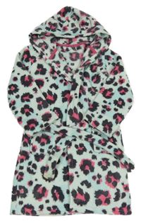 Tyrkysový vzorovaný chlupatý župan s kapucí