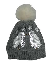 Šedá melírovaná pletená čepice s tučňáky z flitrů a bambulí George