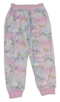 Růžovo-světlemodro-lila plyšové pyžamové kalhoty s jednorožci a duhami F&F