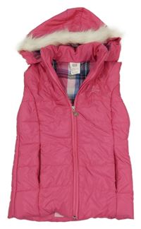 Tmavoružová šušťáková zateplená vesta s kapucňou s kožešinou