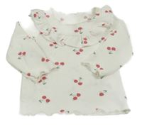Smotanové rebrované tričko s třešněmi a volánikom