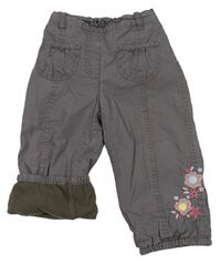 Sivé plátenné zateplené nohavice s výšivkami květů zn. Mothercare