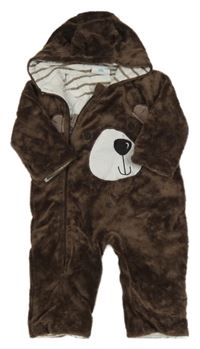 Hnědá kožešinová podšitá kombinéza s medvědem a kapucí Topomini