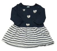 Tmavomodro-bílé pruhované šaty se srdíčky 