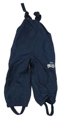 Tmavomodré šusťákové podšité laclové kalhoty s traktorem Topomini