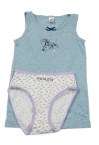 2 set - modrá melírovaná košieľka  s koněm + bílo-lila vzorované nohavičky s nápisom