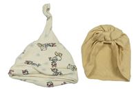 2set - 2x Čepice - Smetanová s Daisy + béžová žebrovaná turbanová s mašlí