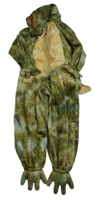 Kostým - khaki-béžová vzorovaná sametová kombinéza s ostny a kapucí - dinosaurus