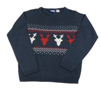 Tmavomodro-bielo-červený vzorovaný sveter so sobmi Lupilu