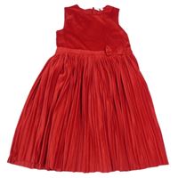 Červené sametové šaty s plisovanou sukní a mašlí 