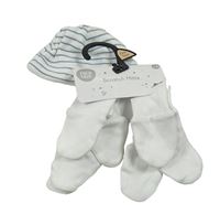 Nové - 5set - 4x biele rukavice + 1x bielo-modrá pruhovaná čapica F&F