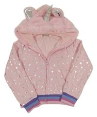 Růžová propínací crop mikina se srdíčky a kapucí - Jednorožec 