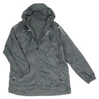 Sivá šušťáková športová bunda s potlačou a kapucňou Jako