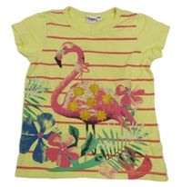 Žlto-ružové pruhované tričko s plameňákem