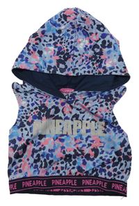 Fialovo-tmavomodro-ružový športový crop top s leopardím vzorom a nápisom a kapucňou Pineapple