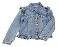 Svetlomodrá rifľová crop bunda s nápisom a volánikmi C&A