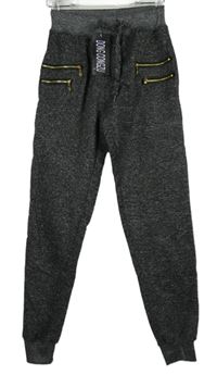 Nové - Dámské šedo-černé melírované cuff tepláky se zipy 